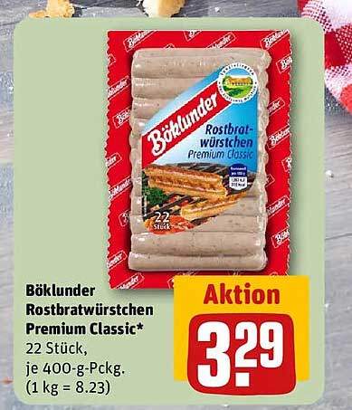 Böklunder Rostbratwürstchen Premium Classic* 22 Stück, je 400-g-Packg. (1 kg = 8.23)