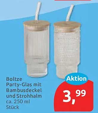 Bolze Party-Glas mit Bambusdeckel und Strohhalm ca. 250 ml Stück