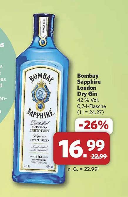 Bombay Sapphire London Dry Gin 42 % Vol. 0,7-l-Flasche