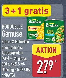 BONDUELLE Gemüse Erbsen & Möhrchen oder Goldmais; Abtropfgewicht (ATG) = 520 g bzw. 560 g; 4x2Tz-ml-Dose/kg = 5.37 ATG/4.98 ATG