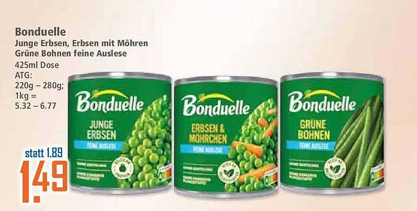 Bonduelle Junge Erbsen, Erbsen mit Möhren, Grüne Bohnen feine Auslese