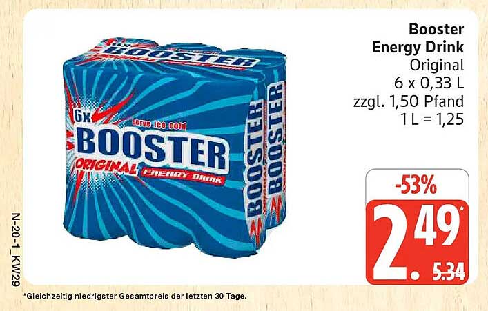 Booster Energy Drink Original 6 x 0,33 l zzgl. 1,50 Pfand