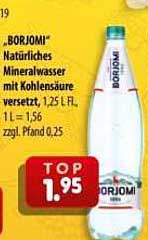 „BORJOMI“ Natürliches Mineralwasser mit Kohlensäure versetzt, 1,25 l Fl. 1 l = 1,56 zzgl. Pfand 0,25