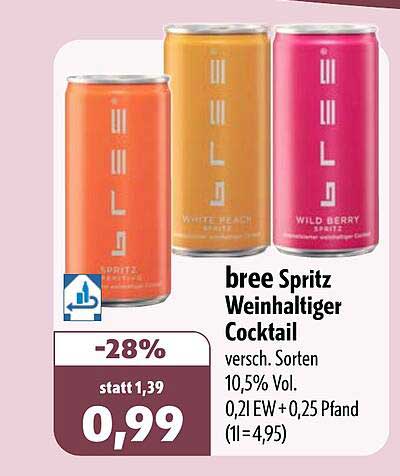 bree Spritz Weinhaltiger Cocktail versh. Sorten 10,5% Vol. 0,2 l EW + 0,25 Pfand (1l=4,95)