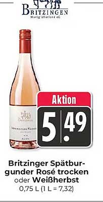 Britzinger Spätburgunder Rosé trocken oder Weißherbst 0,75 L (1 L = 7,32)