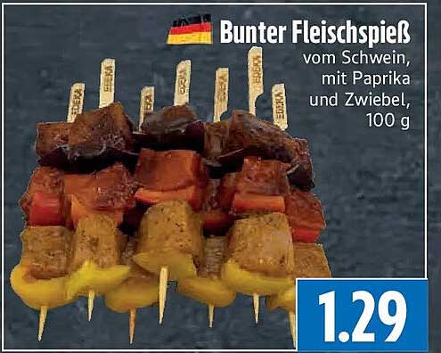 Bunter Fleischspieß vom Schwein, mit Paprika und Zwiebel, 100 g
