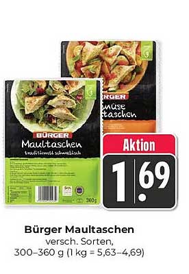 Bürger Maultaschen versch. Sorten, 300–360 g (1 kg = 5,63–4,69)
