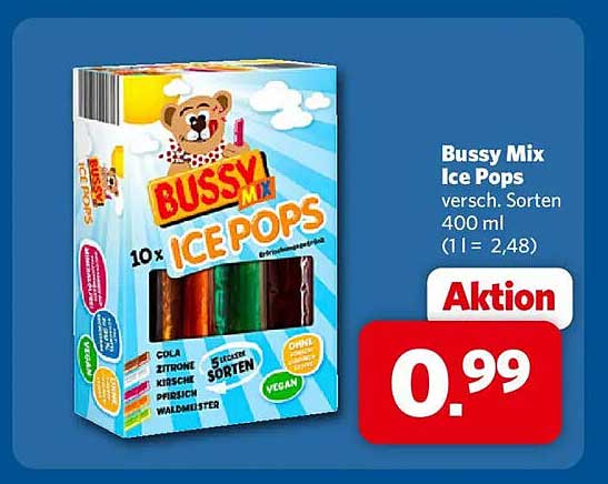 Bussy Mix Ice Pops versch. Sorten 400 ml (1 l = 2,48)