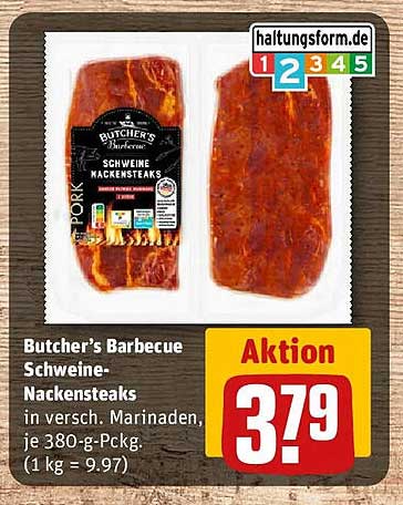 Butcher’s Barbecue Schweine-Nackensteaks in versch. Marinaden, je 380-g-Pckg. (1 kg = 9.97)