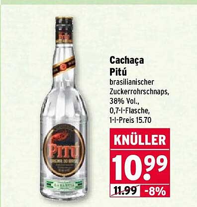 Cachaça Pitú brasilianischer Zuckerrohrschnaps, 38% Vol., 0,7-l-Flasche, 1-l-Preis 15.70