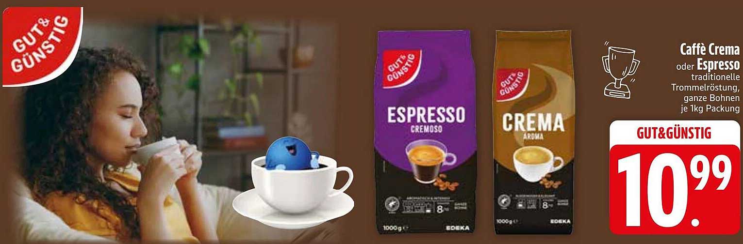 Caffè Crema oder Espresso traditionelle Trommelröstung, ganze Bohnen je 1kg Packung