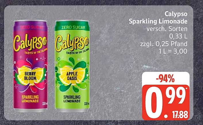 Calypso Sparkling Limonade versch. Sorten 0,33 L zzgl. 0,25 Pfand 1 L = 3,00