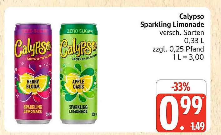 Calypso Sparkling Limonade versch. Sorten 0,33 L zzgl. 0,25 Pfand 1 L = 3,00