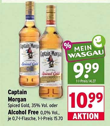 Captain Morgan Spiced Gold, 35% Vol. oder Alcohol Free 0,0% Vol., je 0,7-l-Flasche, 1-l-Preis 15.70