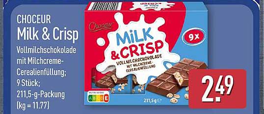 CHOCEUR Milk & Crisp Vollmilchschokolade mit Milchcreme-Cerealienfüllung; 9 Stück; 211,5-g-Packung (kg = 11.77)