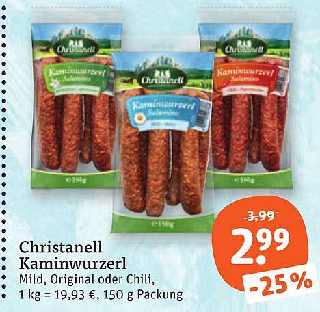 Christanell Kaminwurzerl Mild, Original oder Chili, 1 kg = 19,93 €, 150 g Packung