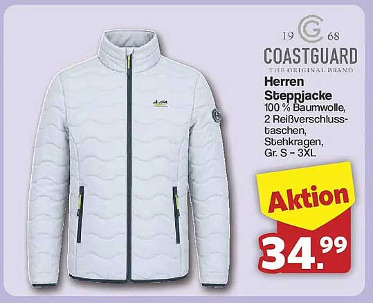 COASTGUARD Herren Steppjacke 100 % Baumwolle, 2 Reißverschluss-taschen, Stehkragen, Gr. S – 3XL