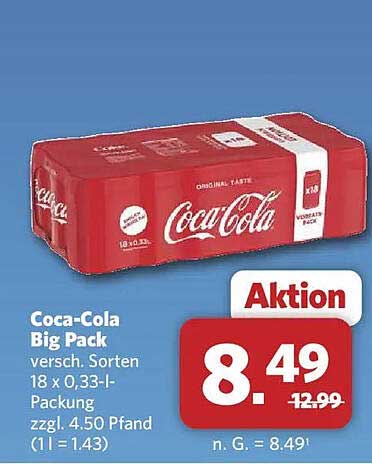 Coca-Cola Big Pack versch. Sorten 18 x 0,33-l-Packung zzgl. 4.50 Pfand (1 l = 1.43)