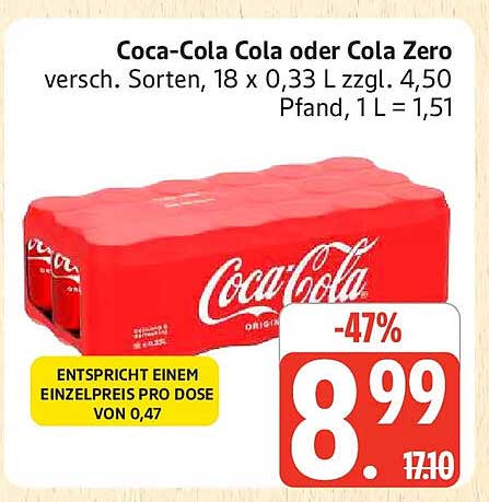 Coca-Cola Cola oder Cola Zero versch. Sorten, 18 x 0,33 L zzgl. 4,50 Pfand, 1 L = 1,51
