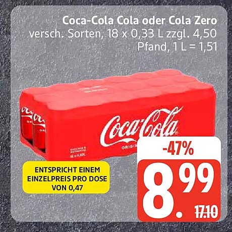 Coca-Cola Cola oder Cola Zero versch. Sorten, 18 x 0,33 L zzgl. 4,50 Pfand, 1L = 1,51