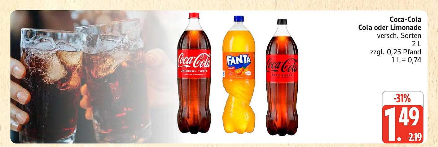 Coca-Cola Cola oder Limonade versch. Sorten 2 L zzgl. 0,25 Pfand 1 L = 0,74