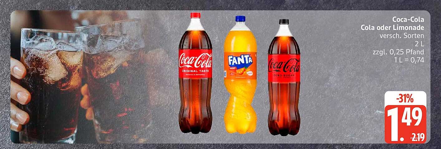 Coca-Cola Cola oder Limonade versch. Sorten 2 L zzgl. 0,25 Pfand 1 L = 0,74