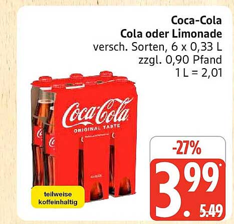 Coca-Cola Cola oder Limonade versch. Sorten, 6 x 0,33 L zzgl. 0,90 Pfand 1 L = 2,01