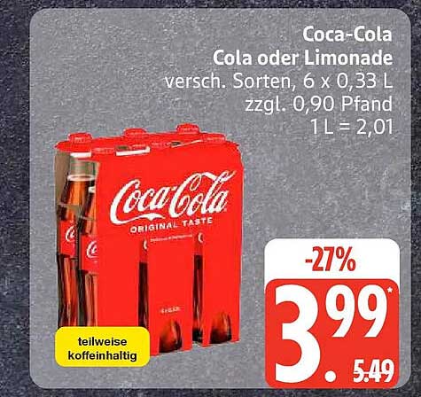 Coca-Cola Cola oder Limonade versch. Sorten, 6 x 0,33 L zzgl. 0,90 Pfand 1 L = 2,01