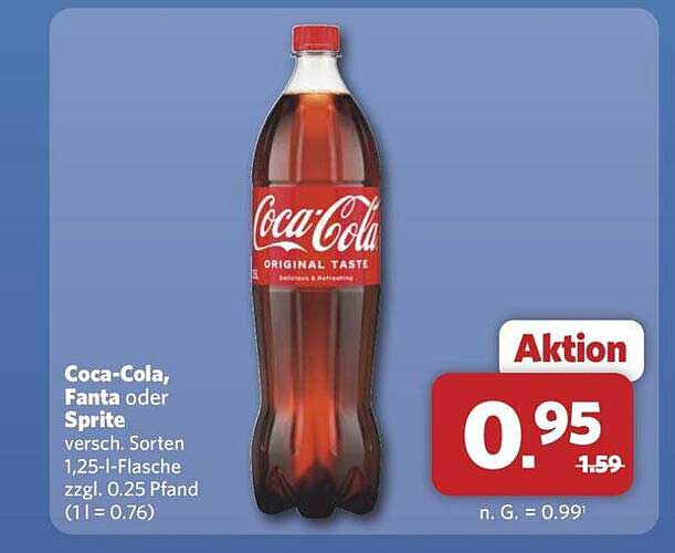 Coca-Cola, Fanta oder Sprite versch. Sorten 1,25-l-Flasche zzgl. 0,25 Pfand (1 l = 0.76)