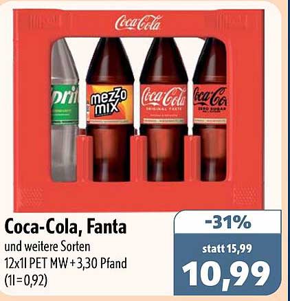 Coca-Cola, Fanta und weitere Sorten 12x1l PET MW +3,30 Pfand (1l=0,92)