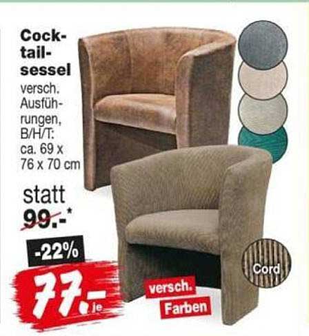Cock-tail-sessel versh. Ausführungen, B/H/T: ca. 69 x 76 x 70 cm