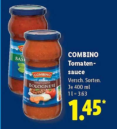 COMBINO Tomaten-sauce Versch. Sorten. Je 400 ml 1 l = 3.63