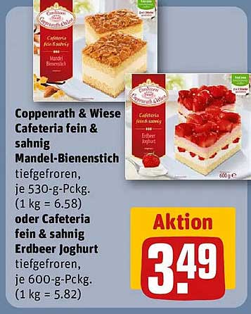 Coppenrath & Wiese Cafeteria fein & sahnig Mandel-Bienenstich tiefgefroren, je 530-g-Packg. (1 kg = 6.58) oder Cafeteria fein & sahnig Erdbeer Joghurt tiefgefroren, je 600-g-Packg. (1 kg = 5.82)