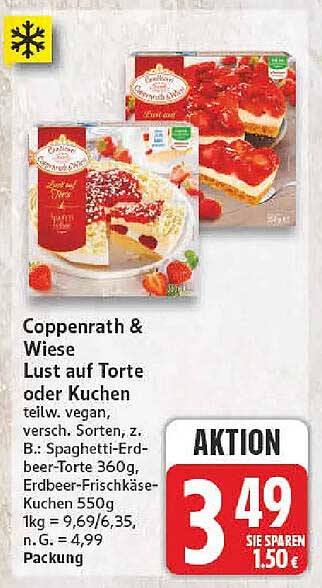 Coppenrath & Wiese Lust auf Torte oder Kuchen teilw. vegan, versch. Sorten, z. B.: Spaghetti-Erdbeer-Torte 360g, Erdbeer-Frischkäse-Kuchen 550g