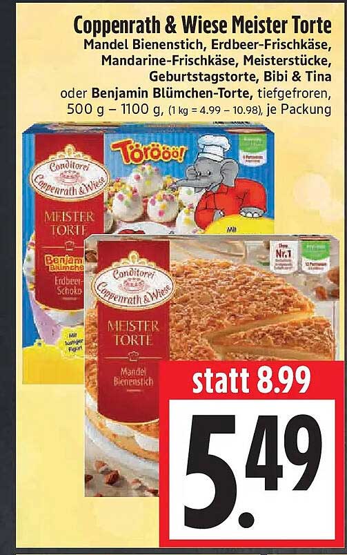 Coppenrath & Wiese Meister Torte Mandel Bienenstich, Erdbeer-Frischkäse, Mandarine-Frischkäse, Meisterstücke, Geburtstagstorte, Bibi & Tina oder Benjamin Blümchen-Torte, tiefgefroren