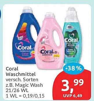 Coral Waschmittel versch. Sorten z.B. Magic Wash 21/26 WL 1 WL = 0,19/0,15