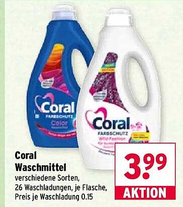 Coral Waschmittel verschiedene Sorten, 26 Waschladungen, je Flasche, Preis je Waschladung 0.15