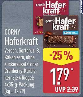 CORNY Haferkraft Versch. Sorten, z. B. Kakao zero, ohne Zuckerzusatz oder Cranberry-Kürbiskern; je 4 Riegel; 4x35-g-Packung (kg = 12.79)