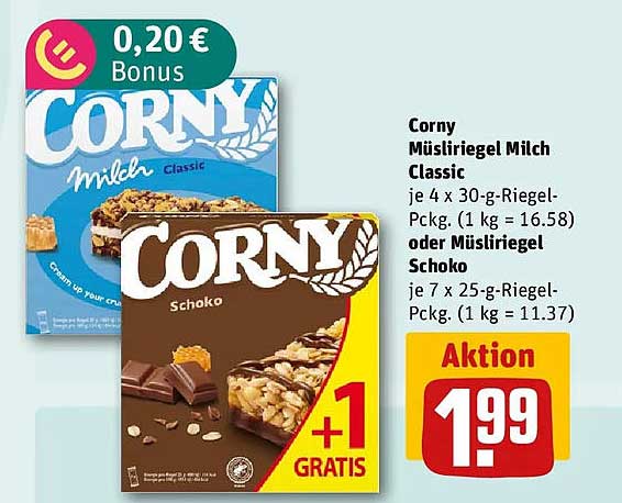 Corny Müsliriegel Milch Classic je 4 x 30-g-Riegel-Pckg. (1 kg = 16.58) oder Müsliriegel Schoko je 7 x 25-g-Riegel-Pckg. (1 kg = 11.37)
