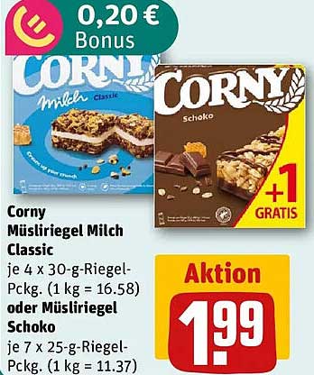 Corny Müsliriegel Milch Classic je 4 x 30-g-Riegel-Pckg. (1 kg = 16.58) oder Müsliriegel Schoko je 7 x 25-g-Riegel-Pckg. (1 kg = 11.43)