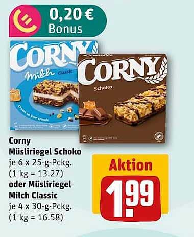 Corny Müsli­riegel Schoko je 6 x 25-g-Packg. (1 kg = 13.27) oder Müsli­riegel Milch Classic je 4 x 30-g-Packg. (1 kg = 16.58)