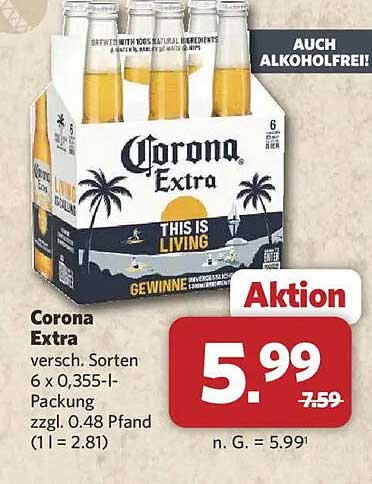 Corona Extra versch. Sorten 6 x 0,355-l-Packung zzgl. 0.48 Pfand (1 l = 2.81)