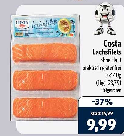 Costa Lachsfilets ohne Haut praktisch grätenfrei 3x140g (1kg=23,79) tiefgefroren