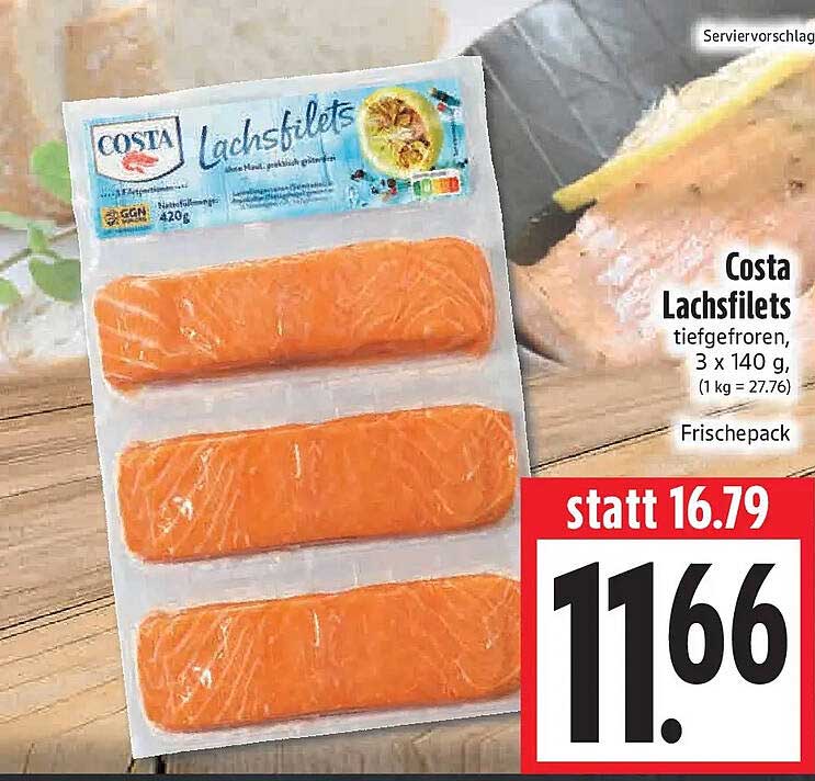 Costa Lachsfilets tiefgefroren, 3 x 140 g, Frischepack