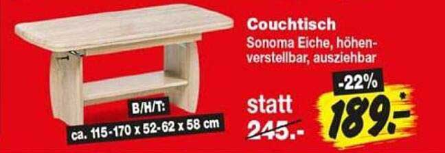 Couchtisch Sonoma Eiche, höhen-verstellbar, ausziehbar