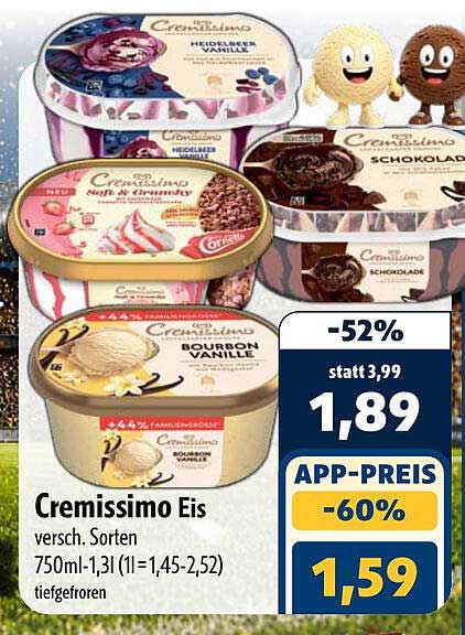 Cremissimo Eis versch. Sorten 750ml-1,3l (1l=1,45-2,53) tiefgefroren