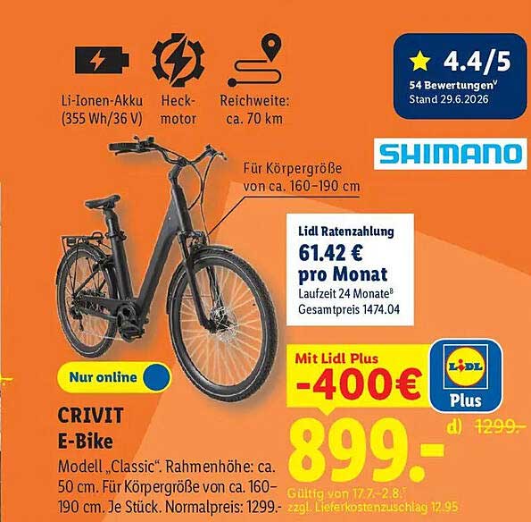CRIVIT E-Bike Modell „Classic“. Rahmenhöhe: ca. 50 cm. Für Körpergröße von ca. 160–190 cm. Je Stück.