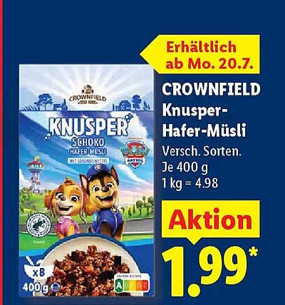 CROWNFIELD Knusper-Hafer-Müsli Versch. Sorten. Je 400 g 1 kg = 4.98