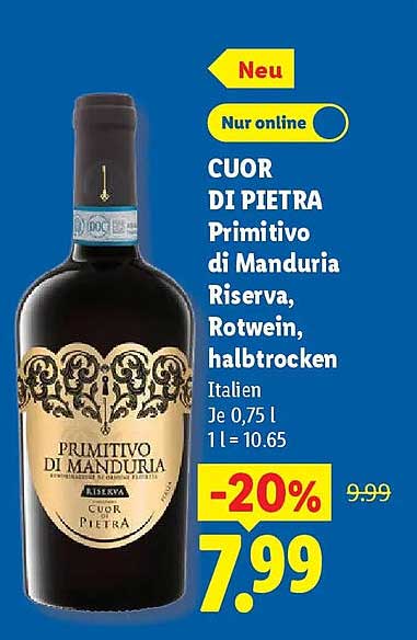 CUOR DI PIETRA Primitivo di Manduria Riserva, Rotwein, halbtrocken