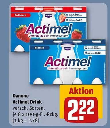 Danone Actimel Drink versch. Sorten, je 8 x 100-g-Fl.-Pckg. (1 kg = 2.78)